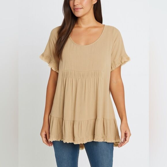 Umgee Tops - Umgee Beige Linen Blend Ruffle Hem Tunic Top Women’s Size M Boho